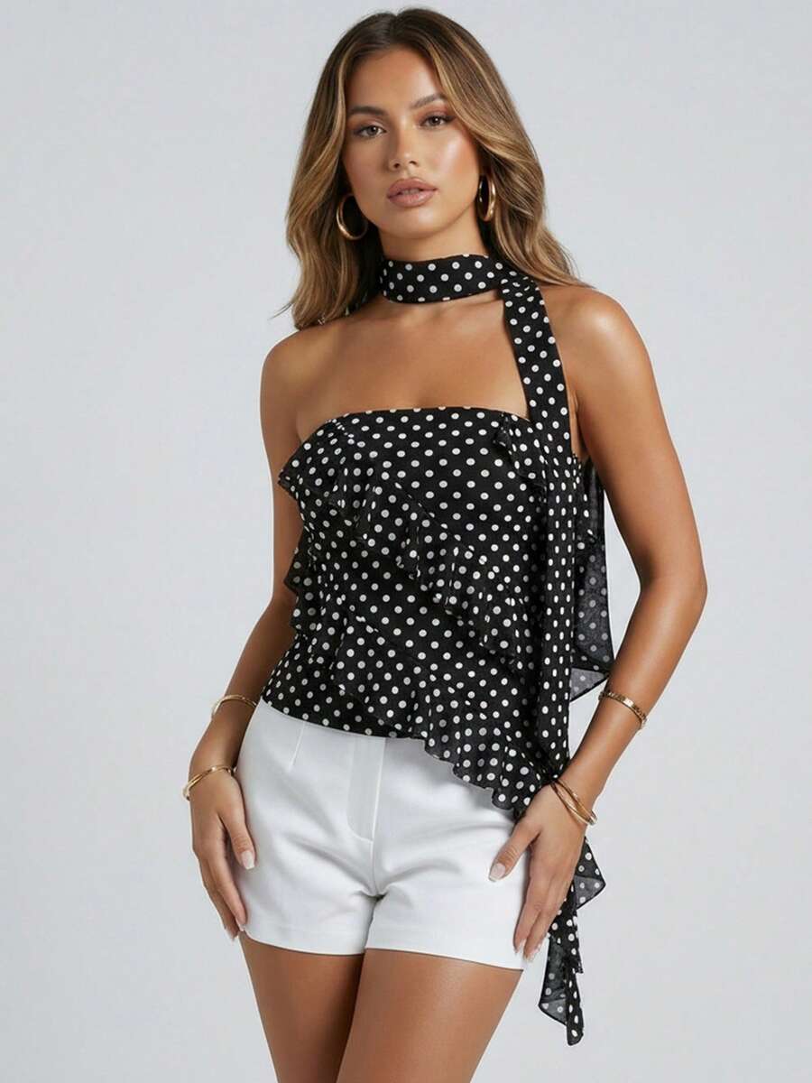 Women's Dot Print Tube Tops With Neckband Ruffle Asymmetrical Hem Summer Strapless Crop Bandeau - 黑色 - 查看 1