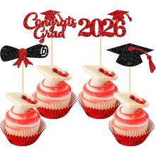 12 piezas Felicitaciones Graduado 2026 Decoraciones para Pastel - Decoraciones de Pastel de Graduación con Diploma y Birrete para Fiesta de Graduación de Escuela Secundaria y Universidad 2026 - negro rojo - Ver 6