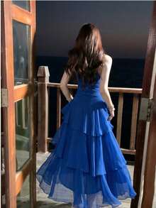 Elegant Asymmetric Ruffle Strap Dress, Fashion Versatile, Suitable For Women, Minimalist Spaghetti Strap Design, Suitable For Party, Prom, Evening, Birthday, Wedding, Back To School And Other Occasions, Dignified And Slim-Fitting Style Summer - Navy Blue - View 4