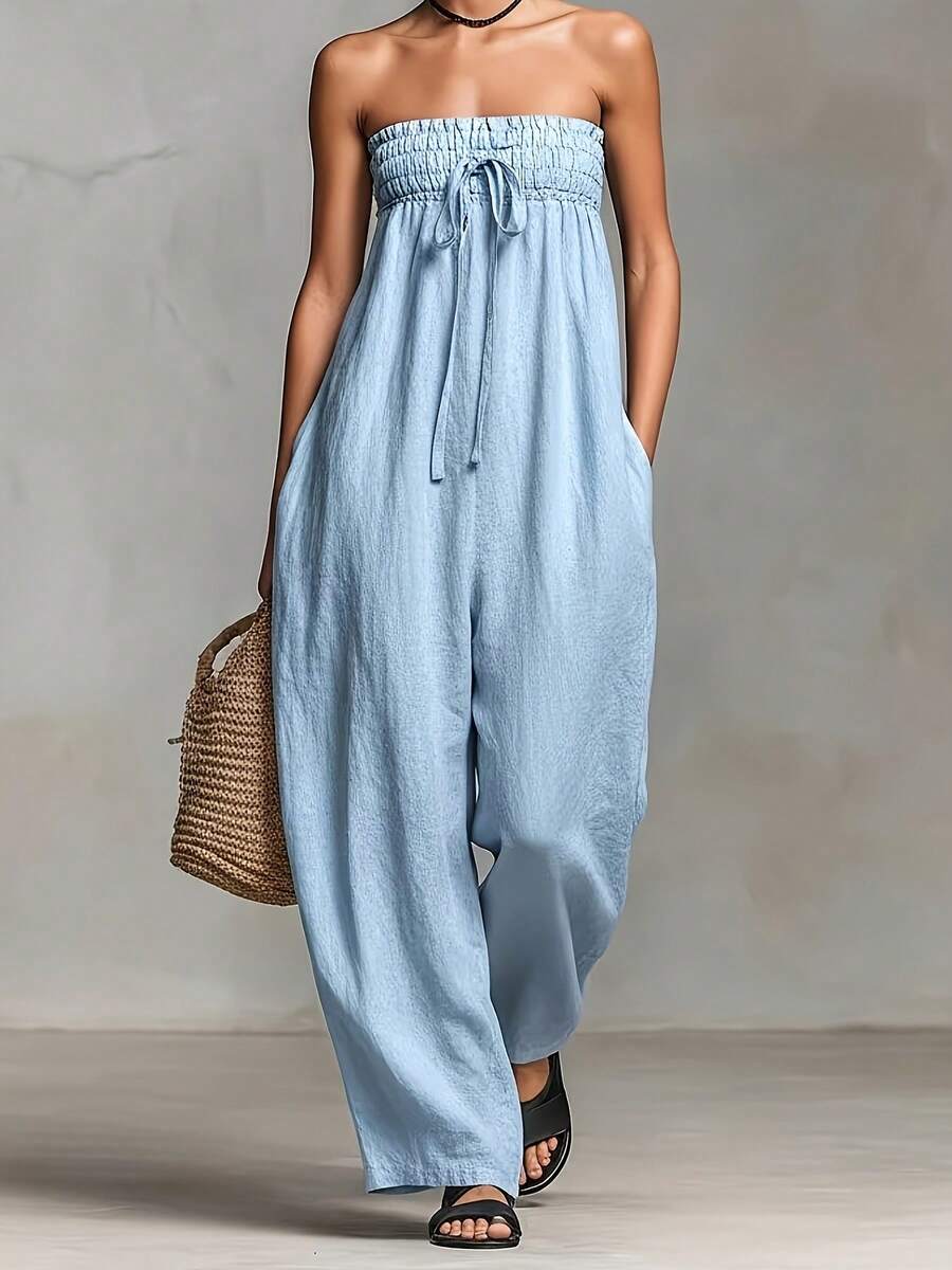 Women'S Strapless Black Jumpsuit Summer Minimalist Elegant Loose Wide Leg Pants Blend Casual One Piece Outfit With Pockets For Women - 藍色 - 查看 1