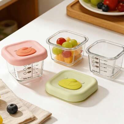 1 hộp đựng thức ăn dặm bằng thủy tinh, có thể dùng để hấp và luộc, chịu nhiệt cao, thích hợp làm trứng hấp, có nắp silicon đặc biệt, dụng cụ đựng thức ăn dặm cho bé.