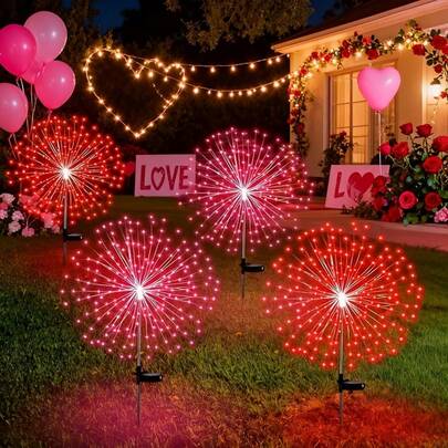 60/90 LED Starry Solar Lawn Lights, Pink & Red Lights, Outdoor Decor For Valentine's Day, Auto On At Night, Firework Stake Lights, Outdoor Decoration For Garden, Yard, Villa, Mother's Day, Christmas