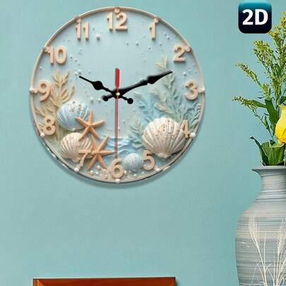 这款海洋主题静音挂钟采用电池供电，浅蓝色表盘上装饰着海星、贝壳、海藻和其他海洋元素，充满奇趣的海洋风情。适合儿童房、客厅、卧室、厨房、女孩房或任何追求清新自然美学的家居环境。不含电池。