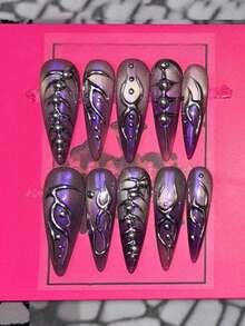 十片装紫色复古手工美甲贴片，3D手绘假指甲，奢华高端假指甲，春夏秋冬四季皆宜的按压式假指甲，长杏仁形假指甲，纯手工制作，奢华复古假指甲，欧美辣妹假指甲，女士高贵礼物，美甲艺术，可重复使用假指甲，适合女孩和女士参加派对和日常佩戴。 - 彩色 - 查看 10