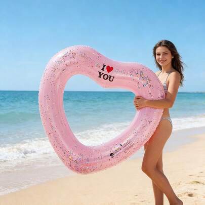 Aro inflable con forma de corazón y brillo rosado estilo femenino, engrosado para fotografía en la playa, aro de natación con forma de corazón y brillo estilo , perfecto para fotos en la piscina y la playa