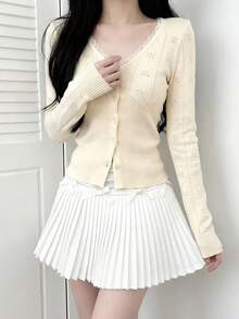 [Y6Y]1pc Women Solid Color Lace Collar Button Knit Top, Autumn Daily Wear Gentle Style Long Sleeve Mesh Embroidered Hollow Out Cardigan - Apricot - View 7
