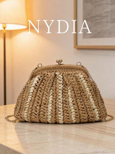 1个女士条纹草编手拿包，藤编链条斜挎包，夏季海滩度假手提包，优雅无框晚宴婚礼派对日常钱包