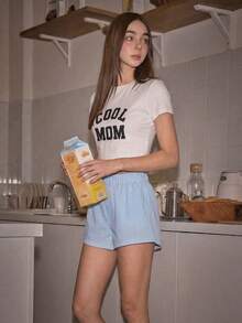 1 chiếc áo thun ngắn tay màu trắng in chữ "COOL MOM" phong cách Mỹ mùa hè 2026, đồ ngủ nữ, đồ mặc nhà, đồ khoác ngoài đa năng dành cho các bà mẹ. - trắng - Xem 8