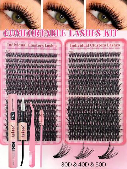  Asiteo640pcs Cluster False Eyelashes, Thick Curly Eyelash Extension Kit, D-Curl 9-16mm Mixed Length, DIY Eyelash Extension Set, Includes Beginner-Friendly Eyelash Tutorial, Thick & Voluminous DIY Segmented False Lashes,Fluffy Soft Individual Lashes, Create Voluminous Natural Y2K Butterfly Makeup Effect, Soft & Natural Mixed Lashes, Create 3D Dimensional Eye Makeup, Easy DIY At Home, Long-Lasting Eyelash Glue-, DIY Tweezers, Cluster Lashes (30D+40D+50D)