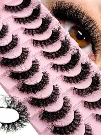 Hinarin 10 Pairs DD Curl Fluffy 3D Multi-Layer Dramatic Russian False Eyelashes Thick & Voluminous Whole Lash Strip Messy Lashes For Women And Girls Makeup