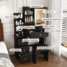 Black LED Vanity Desk With Storage Drawers, Makeup Table With Hair Dryer Holder Power Socket & Dressing Chair For Bedroom - Black - View 6