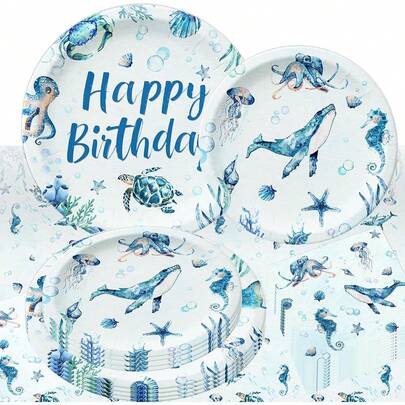 ROARING GOOD TIME RGT Blue Ocean Plates And Napkins Under The Sea Decorations Sea Animal Underwater Beach Summer Birthday Party Supplies