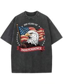Men's Y2K Graphic Tees, Mens Clothes Summer Tops, Men Shirts, Men's Clothing, Vintage Washed Cotton 250 Years Of Independence Patriotic T-Shirt, Loose Fit For Women - 黑色 - 查看 1