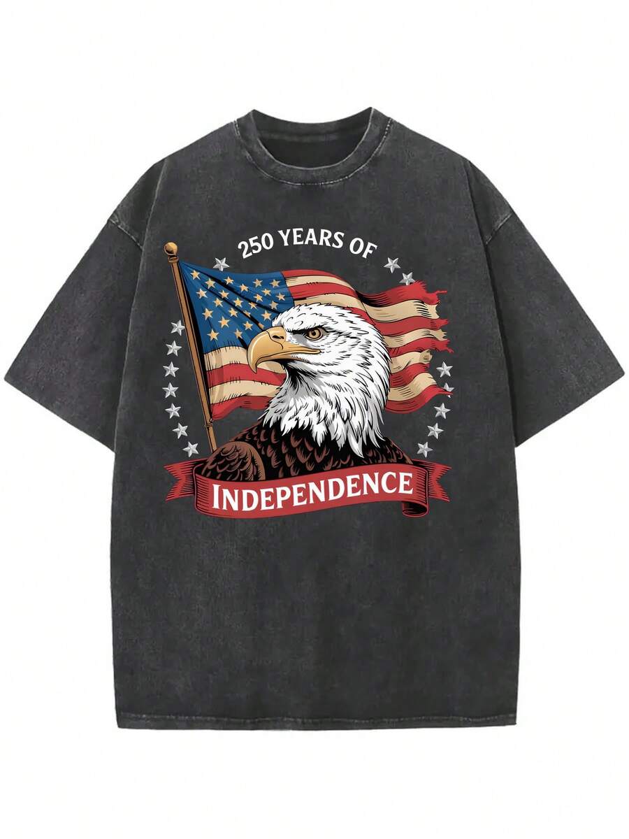 Men's Y2K Graphic Tees, Mens Clothes Summer Tops, Men Shirts, Men's Clothing, Vintage Washed Cotton 250 Years Of Independence Patriotic T-Shirt, Loose Fit For Women - 黑色 - 查看 1