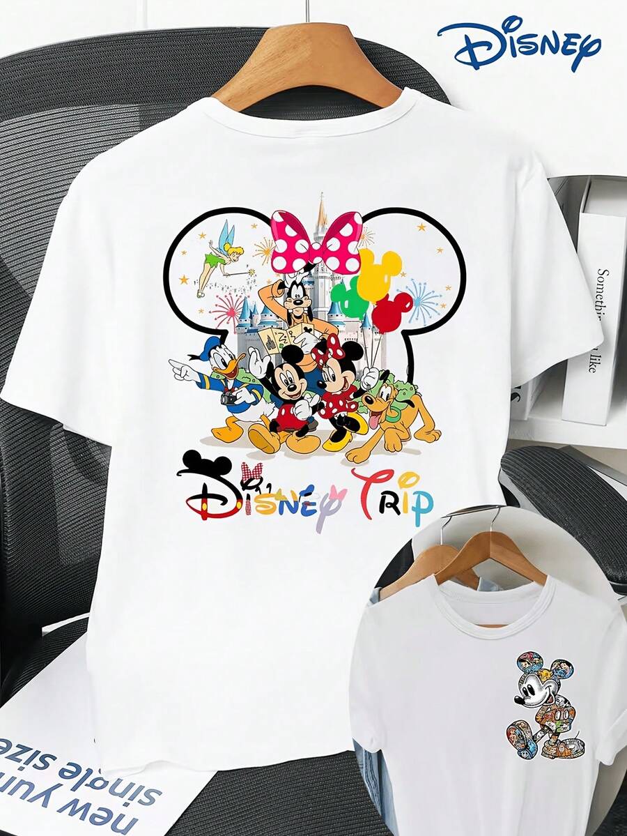 Women's Short Sleeved T-Shirt, Double-Sided Printing On The Front And Back, Disneyland, Mickey Mouse And Minnie Mouse Cartoon Image Printed Short Sleeved Round Neck T-Shirt, Casual And Fashionable Short Sleeved T-Shirt, Slightly Elastic, Non Transparent, Easy To Care For Material, Ideal For Daily Wear, Women's T-Shirt, Disney Shirt, Disney Shirts, Summer Outfits For Women, Spring Outfits For Women, Officially Licensed Disney T-Shirts, Disney Men's And Women's Spring/Summer Fashion Casual Short-Sleeve T-Shirts - White - View 1