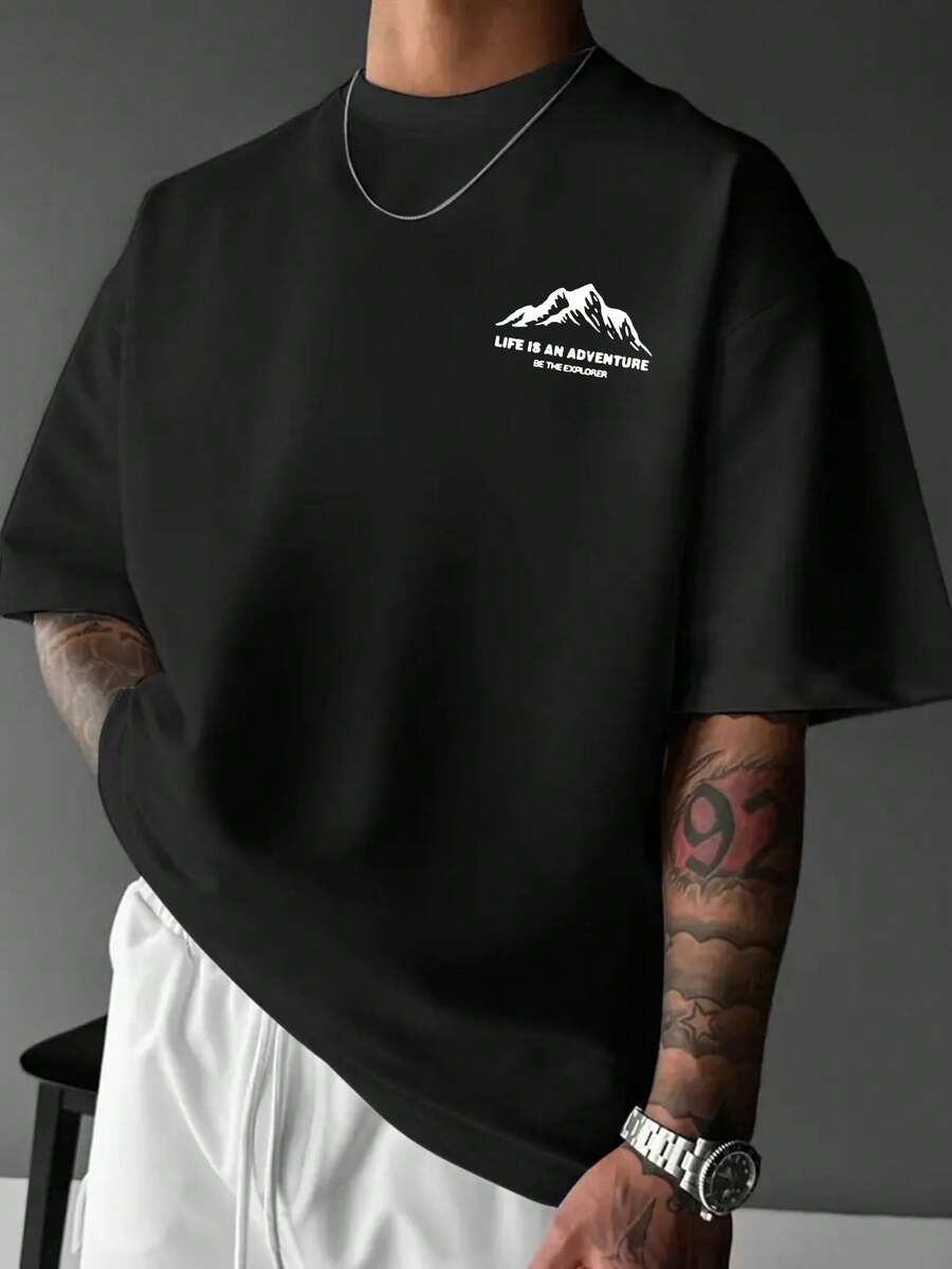 Áo thun nam tay ngắn in hình núi đơn giản thường ngày
