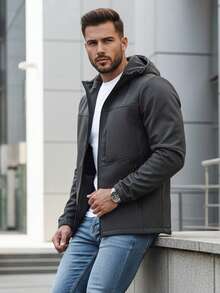 Men's Softshell Jacket, Hooded, Zippered, Adjustable Hood Buckle, Long Sleeves, Pockets, Men's Transitional Jacket, Elastic Fabric, Casual Athletic Cut, Softshell Jacket. - Dark Grey - View 1