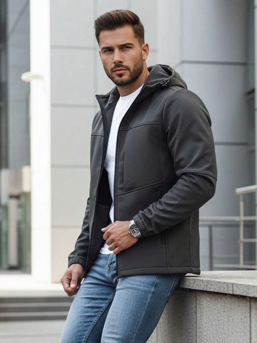 Men's Softshell Jacket, Hooded, Zippered, Adjustable Hood Buckle, Long Sleeves, Pockets, Men's Transitional Jacket, Elastic Fabric, Casual Athletic Cut, Softshell Jacket. - Dark Grey - View 1