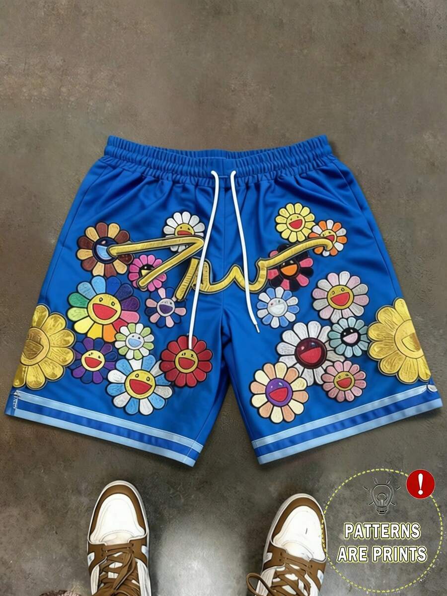Men's Statement Print Shorts Fashion Designer Patterned Casual Daily Wear Shorts - Blue - View 1