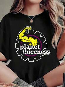 Playera de manga corta mujer Womens Clothes; Camisetas de Verano 1 pieza, Camiseta con Estampado Divertido 'Planet Thiccness Gym  Casual de Cuello Redondo y Manga % Algodón - Negro - Ver 6
