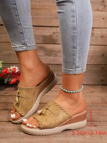 2026 New Fashion Tassel Thick Sole Slip-On Slippers, Comfortable Home Wear Sandals For Summer - Beige - View 6