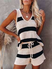 Women V-Neck Striped Contrast Ribbed Knit Tank Top And Shorts Casual Vacation Set, Elegant Casual, Suitable For Daily Commute, Holidays, Beach, 2026 New Knit 2-Piece Set Summer - Màu be - Xem 6