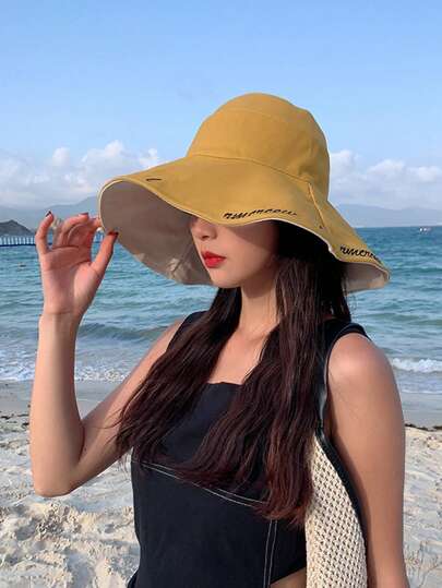 Mũ tai bèo hai mặt đa năng, màu trơn, mũ thời trang nữ, vành rộng che nắng, thích hợp cho mùa xuân/hè, đi làm.