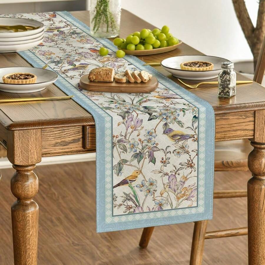 1 față de masă cu motive florale și păsări albastre, decor de masă pentru bucătărie și sufragerie cu motive florale de primăvară, decorațiuni pentru petreceri acasă - Multicolor - Vizualizare 1