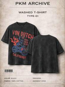 Men Black Washed Streetwear Brand Street Style 100 Percent Cotton T Shirt Vons Dutchs Rider 1929 Club California Graphic Print Casual Wear For Daily Outings And Urban Adventures Retro Heavyweight Tee Perfect Gift Loose Comfortable Breathable Machine Washable Fabric Hip Hop Cool Look Drippy Clothes Y2K Fashion - 黑色 - 查看 2