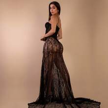 Vestido de noche de encaje extra largo y transparente para mujer, mono con tirantes de espagueti sin espalda con cremallera, adecuado para discoteca o fiesta de ocasión especial, boda, color negro - Negro - Ver 2