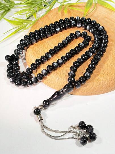 1pc 99pcs Black Star Tassel Pendant Beaded Bracelet, Portable Prayer Beads For Men