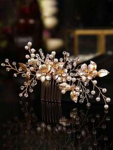 1pc Handmade Gold Alloy Pearled Flower Bridal Hair Comb, Wedding Headpiece, Party Dress Accessory - Vàng - Xem 1