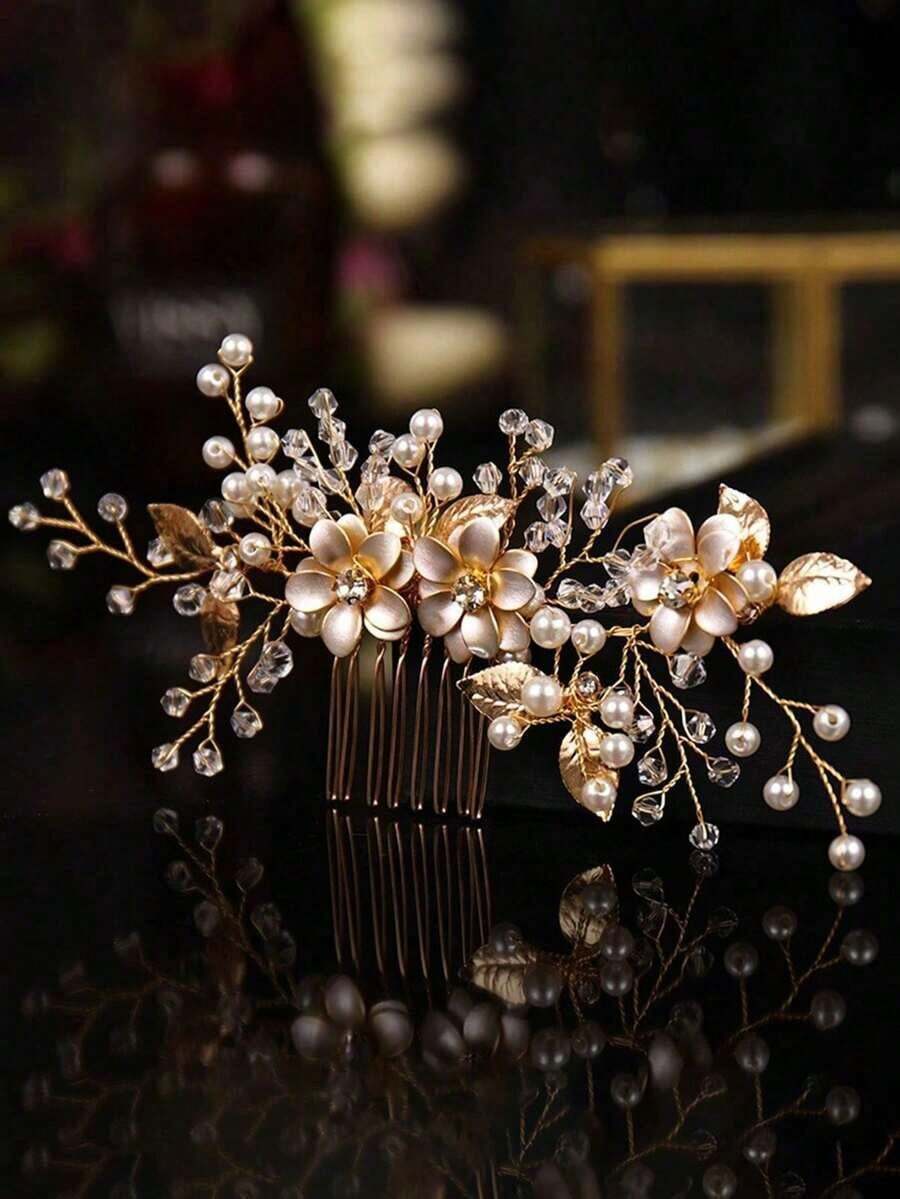 1pc Handmade Gold Alloy Pearled Flower Bridal Hair Comb, Wedding Headpiece, Party Dress Accessory - Vàng - Xem 1