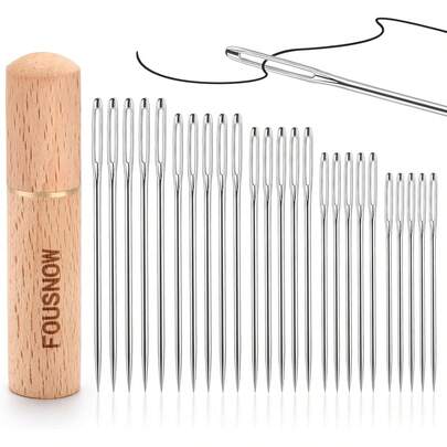 Bộ 25 kim may bằng thép, 5 kích cỡ khác nhau, kim thêu lỗ lớn dùng cho may tay, kim may lỗ lớn, bộ kim sắc bén kèm hộp gỗ.