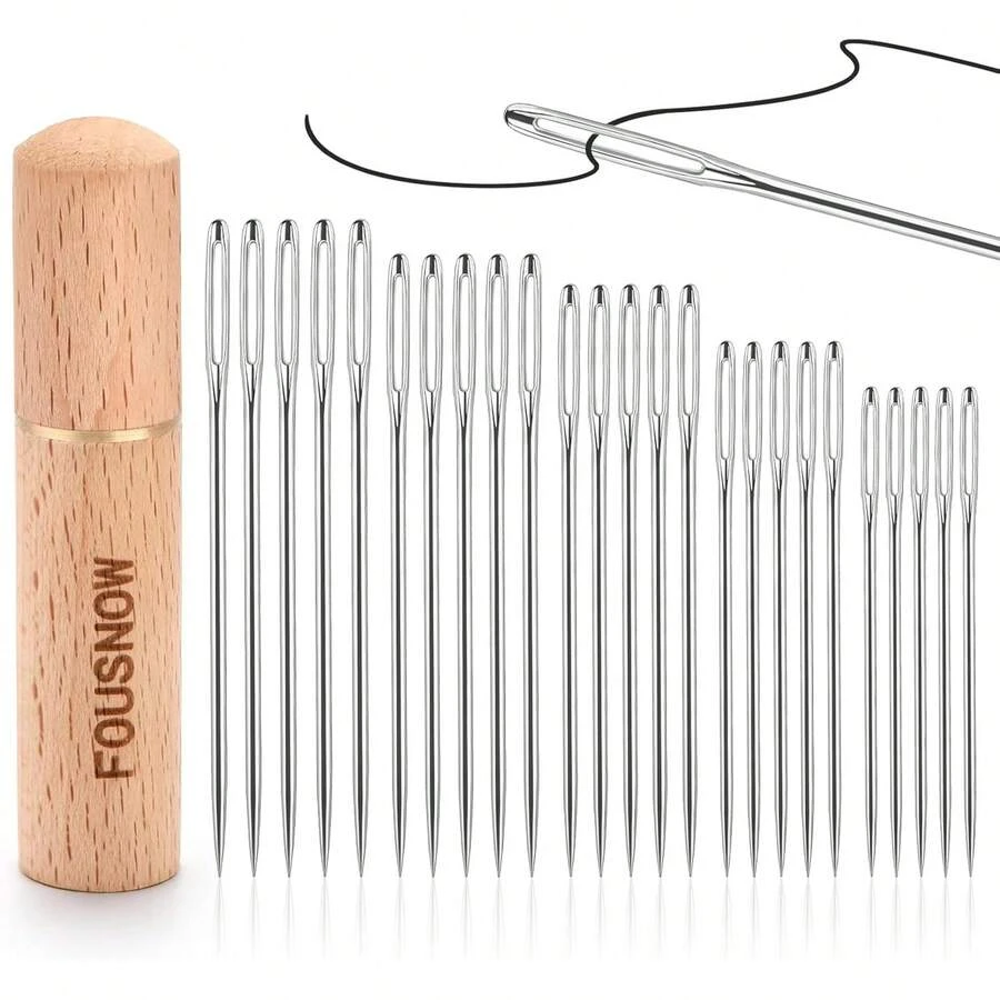 25 PCS Steel Sewing Needles, 5 Different Sizes Embroidery Large Eye Needles For Handsewing, Large Eye Sewing Needle, Sharp Needle Kit With Wood Case - Hand Sewing Needle - View 1