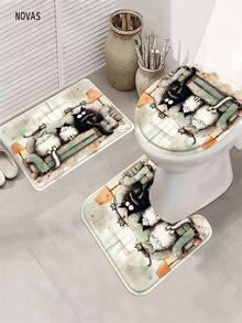 1/3/4 Sets Vintage Watercolor Cartoon Cat Shower Curtain Set, Includes Shower Curtain, Toilet Seat Cover, Bath Mat And Rug, Polyester Waterproof Washable, 12 Hooks, Suitable For Home/Bedroom/Living Room/Household Items/Summer - A - View 8