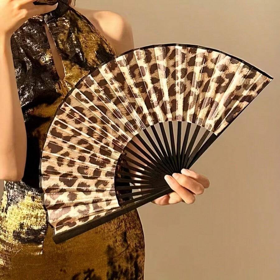 新款豹纹折叠扇，便携式手持扇，适用于舞蹈、摄影、旅行和日常使用，夏季假日必备 - 彩色 - 查看 1