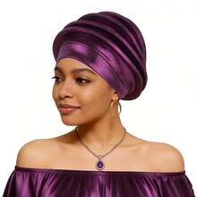 Shimmer African Head Wraps Solid Color Multi-Layer Church Turban For Women Stretch Hat - 紫色 - 查看 5