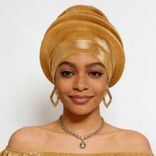 Shimmer African Head Wraps Solid Color Multi-Layer Church Turban For Women Stretch Hat - Gold - View 1
