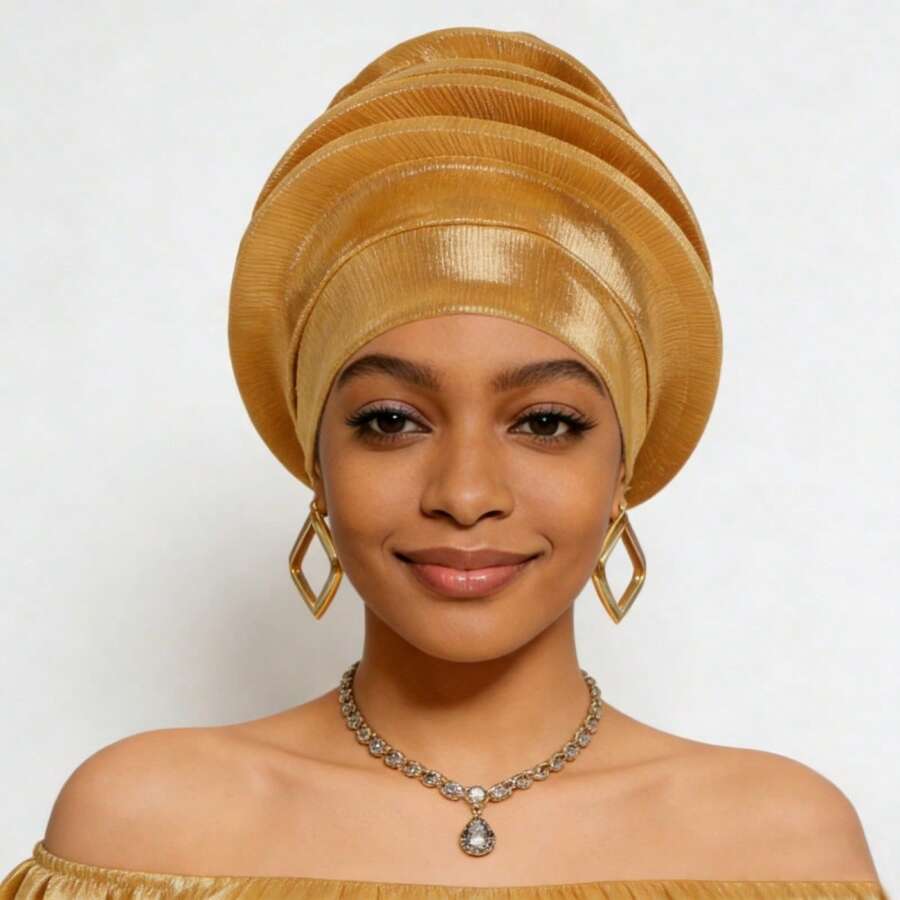 Shimmer African Head Wraps Solid Color Multi-Layer Church Turban For Women Stretch Hat - Gold - View 1