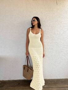 Đầm tank dệt kim không tay khoét lỗ thoải mái cho nữ, đầm đi biển dệt kim khoét lỗ mùa hè, đầm che phủ cổ chữ V phong cách bohemian cho nữ đi nghỉ mát, mùa xuân/hè/thu. - Vàng nhạt - Xem 6