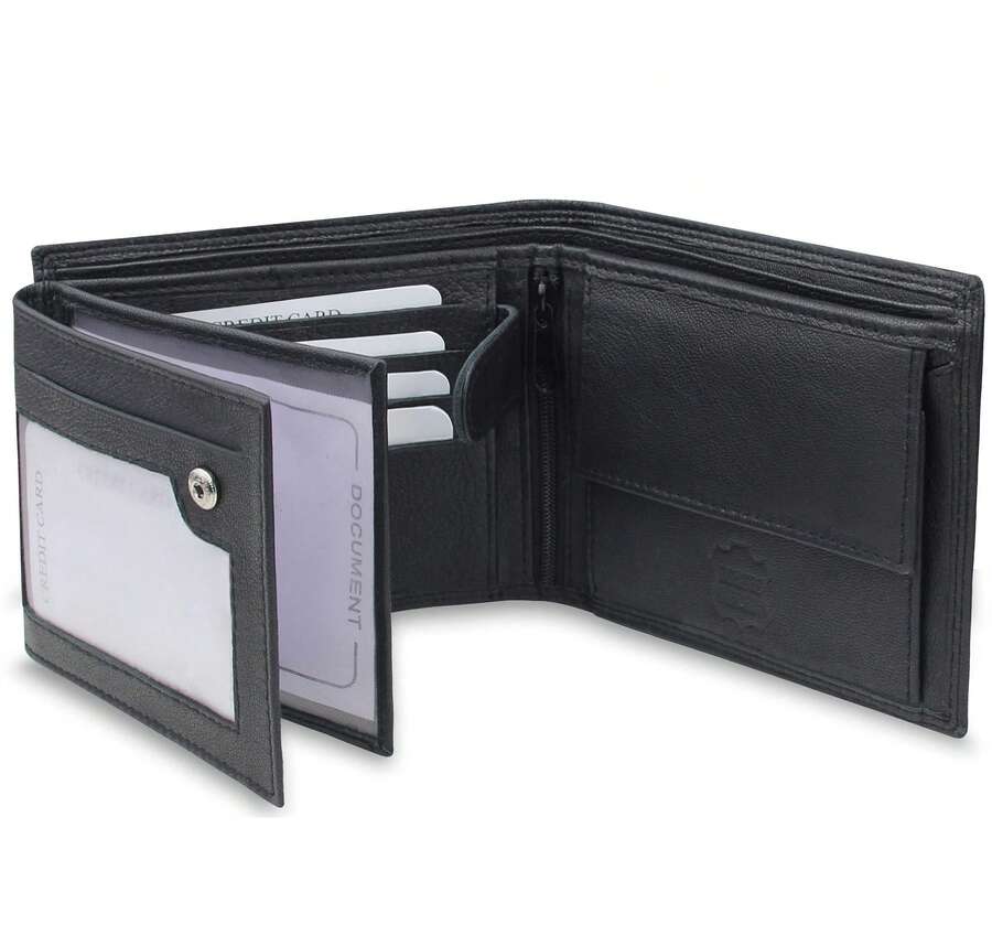 FOMAX Herren Geldbörse aus echtem Leder mit RFID Schutz, Echtleder Querformat Portemonnaie für Männer, Schwarz - Schwarz - Übersicht 1