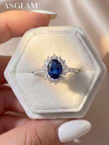 1枚优雅绿柱石戒指，925纯银，精美糖果水晶结婚戒指，高级珠宝，周年纪念礼物，新娘珠宝，舞会装饰 - 藍寶石 - 查看 3