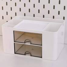 1pc Large Capacity Pen Holder Desk Organizer Box With 2 Drawers, Office Desk Storage Box, Vanity Tray, Desk Top Storage Box - Multicolor - View 4