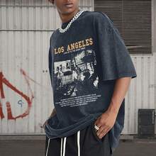 Oversized Graphic Tshirts For Men Acid Wash Los Angeles Vintage Tees Streetwear Baggy Cotton Shirts Casual Topssummer Outfits For Women - 牛仔藍 - 查看 4