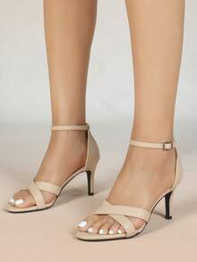 女士时尚欧美风蕾丝舒适舞会派对粗跟踝带黑色高跟凉鞋 - 杏色 - 查看 4