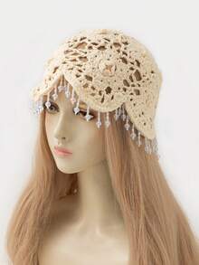 1 chiếc mũ len móc thủ công thời trang nữ đính mặt dây chuyền giả pha lê, phù hợp với trang phục thường ngày phong cách Boho đi biển. - A - Xem 6