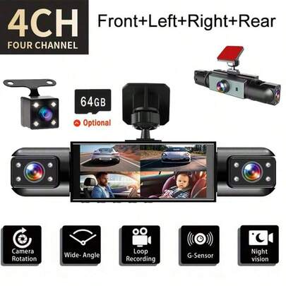 Camera hành trình 4 kênh, hộp đen DVR ô tô, camera trước/sau/trái/phải, góc rộng, ống kính điều chỉnh được, ghi hình liên tục, tầm nhìn ban đêm, phát hiện chuyển động, pin 150mAh.