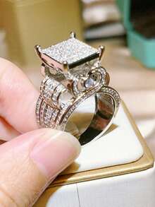 Nhẫn hình trái tim khảm đá Zirconia siêu nhỏ, thiết kế cổ điển với đầy đủ kim cương. - trắng - Xem 5