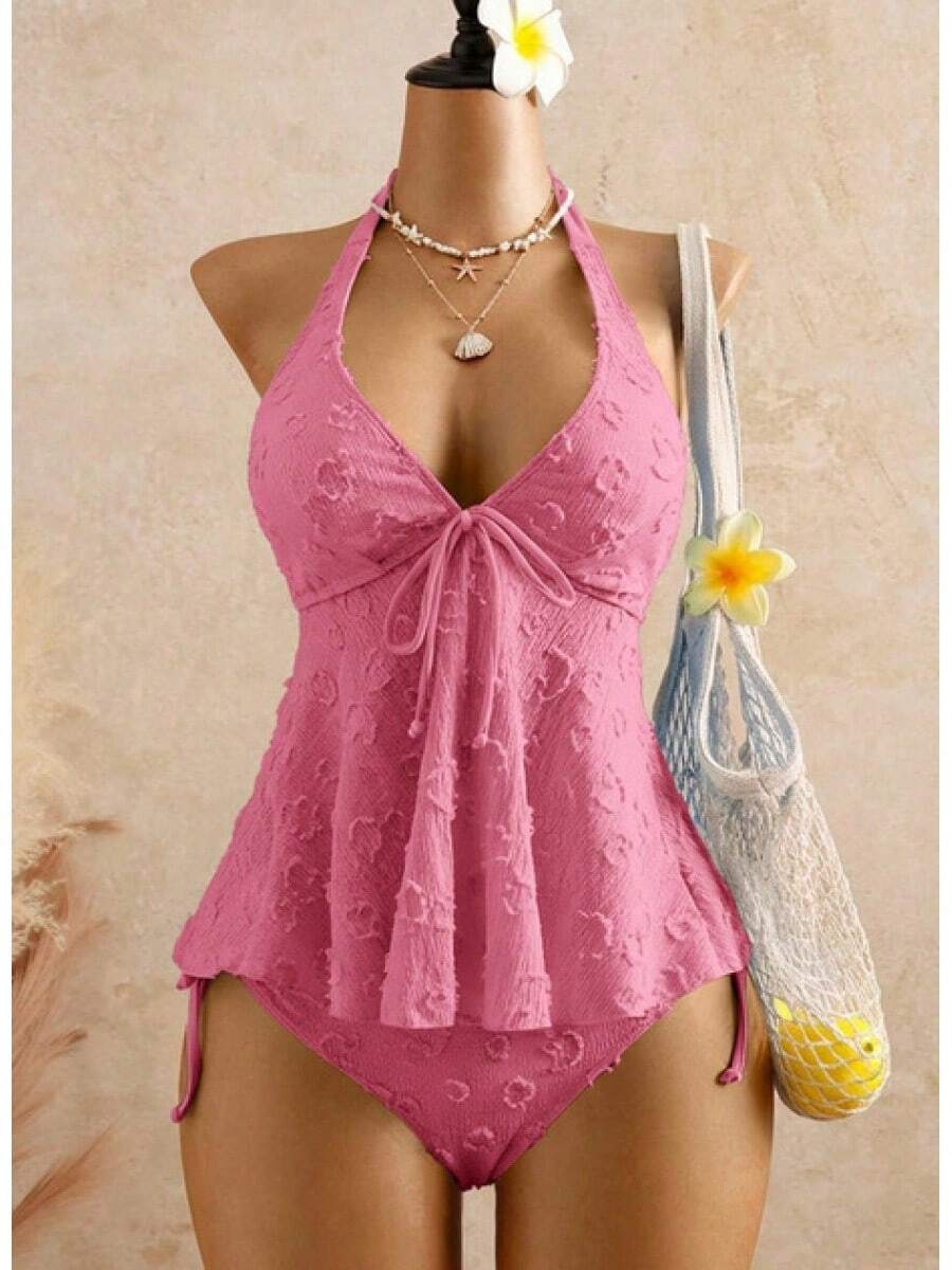 2026 European & American Style Lace Bikini, Halter Tie Ruffle Hem Tummy Control Two Piece Swimsuit For Hot Spring & Beach - 深粉紅色 - 查看 1
